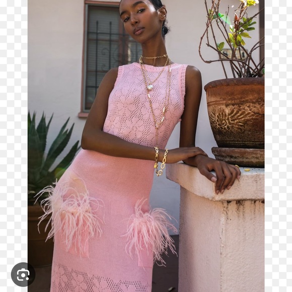 Andreeva Pink Rose Knit Feathered Dress - Picture 1 of 6
